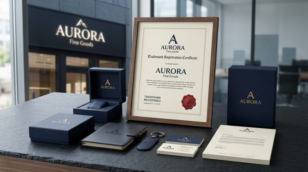 Realistic trademark protection concept showing brand identity and legal security