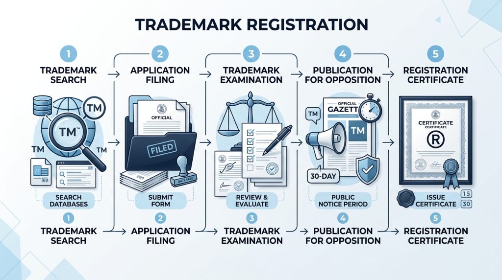Step-by-step trademark registration process infographic flowchart