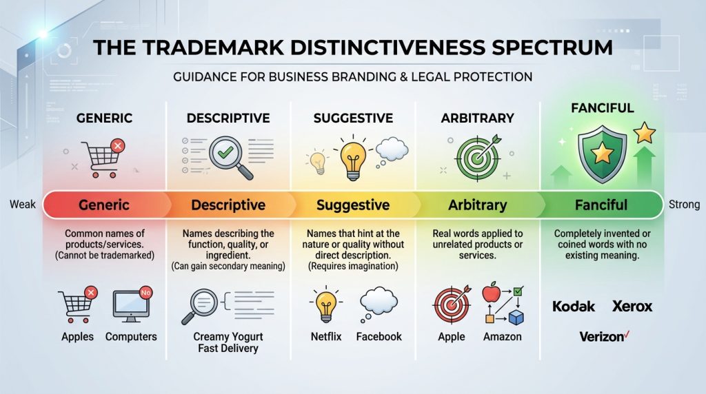 Trademark distinctiveness scale from generic to fanciful brand name categories