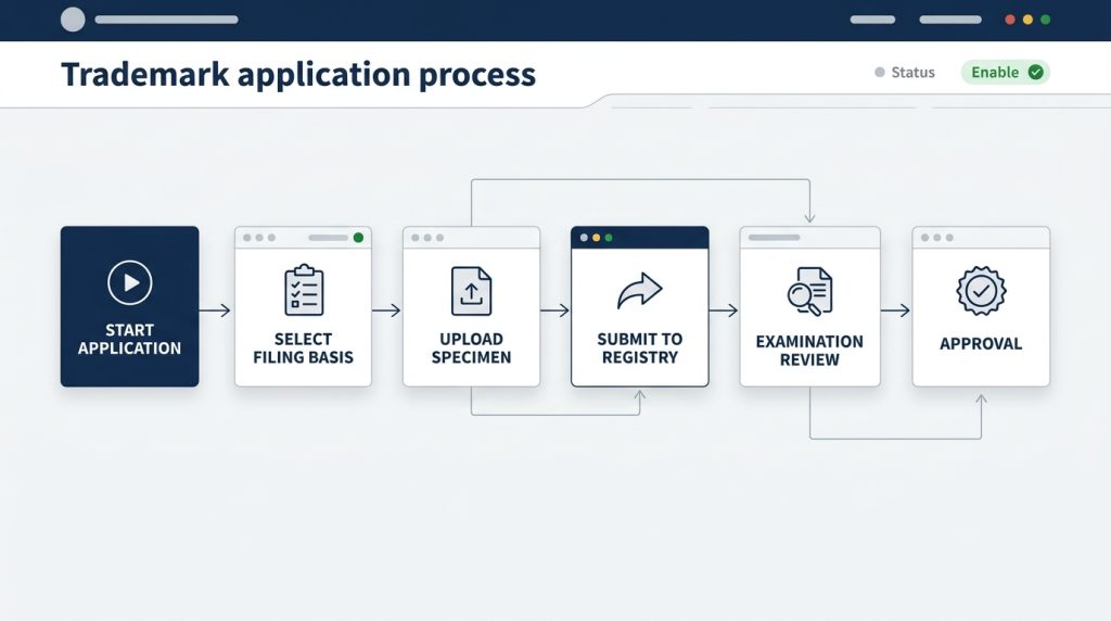 Step by step trademark application workflow from filing to approval process