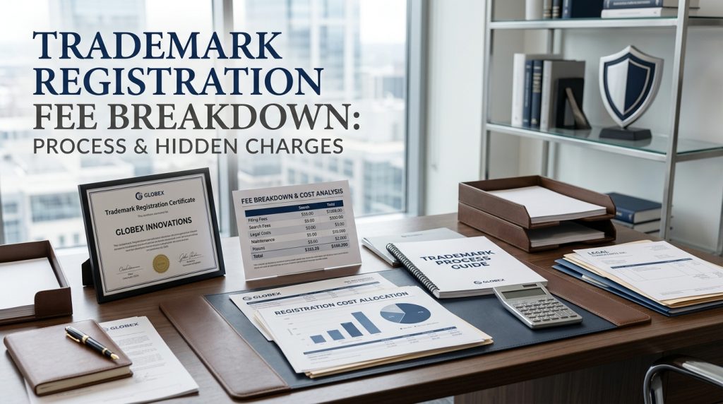 Trademark registration fee breakdown with cost and legal concept illustration
