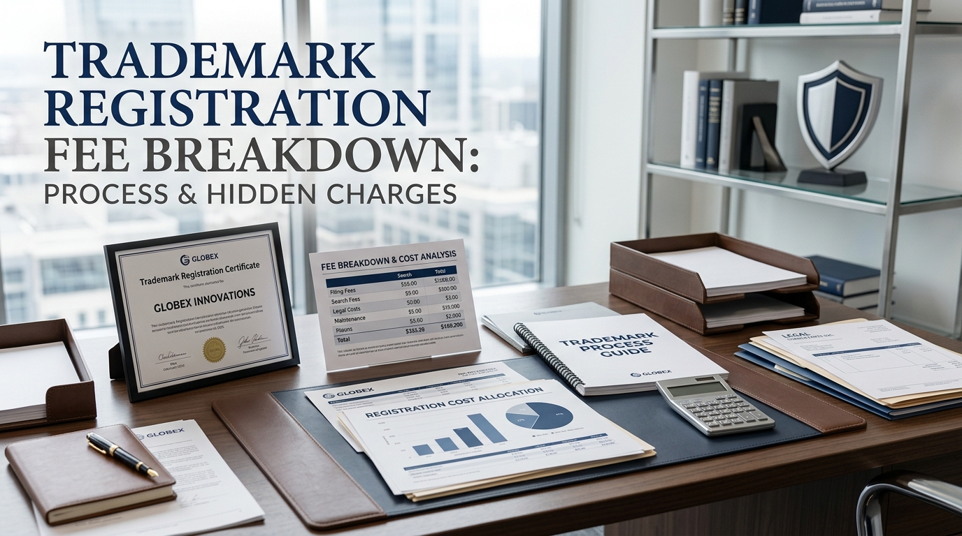 Trademark registration fee breakdown with cost and legal concept illustration