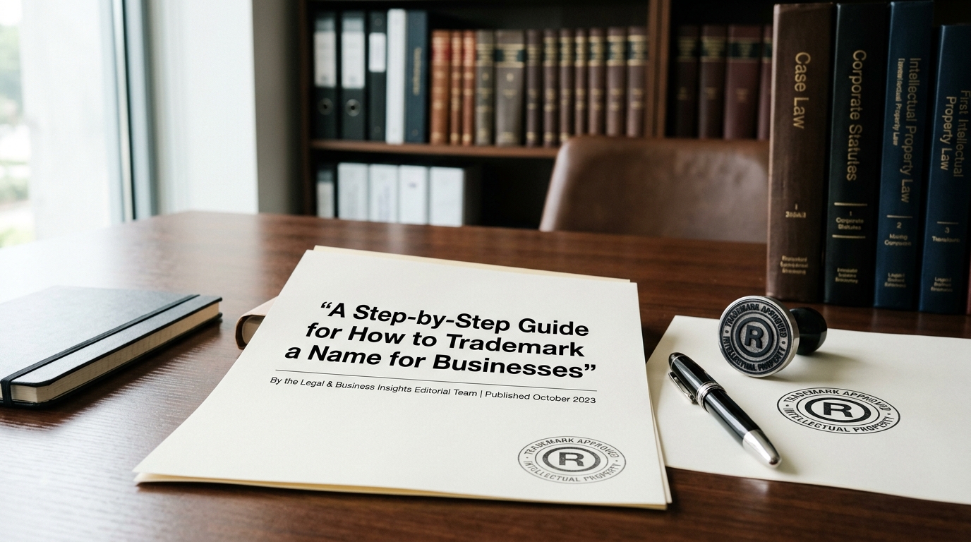 Law office desk with trademark documents and the title “A Step-by-Step Guide for How to Trademark a Name for Businesses” on paper, natural editorial lighting.