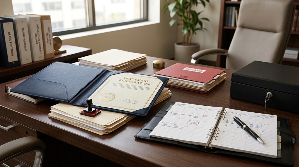 Trademark maintenance documents with renewal planning and brand protection